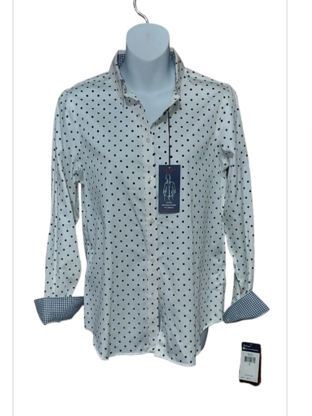 NWT Chaps No Iron White Blouse with Navy Polka Dots And Gingham Sz S - Picture 3 of 5